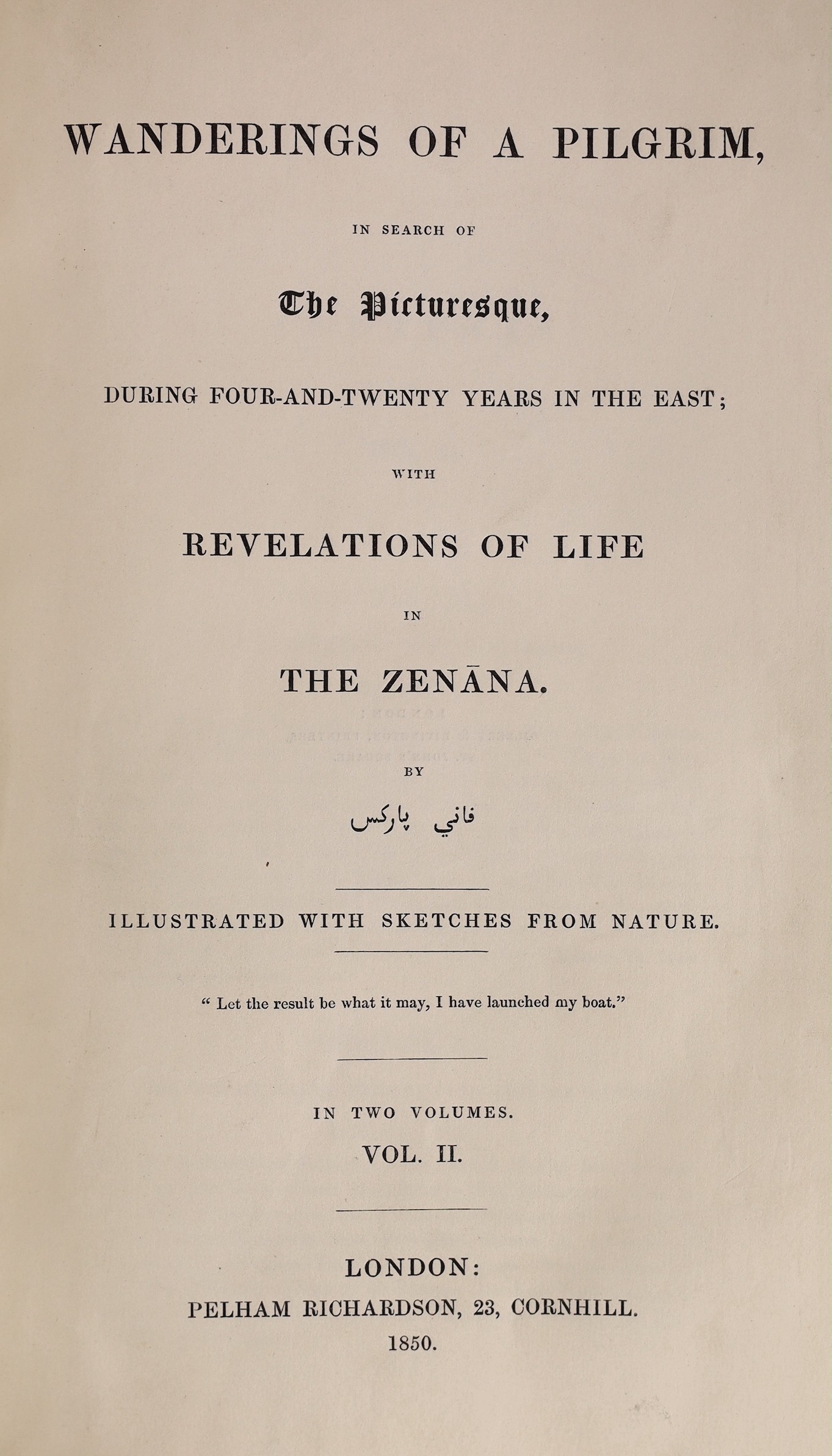 Parks, Fanny - Wanderings of a Pilgrim, in Search of the Picturesque, during Four-and-Twenty Years in the East; with Revelations of Life in the Zenana, 1st edition, 2 vols, 8vo, original pictorial red cloth gilt, with 50